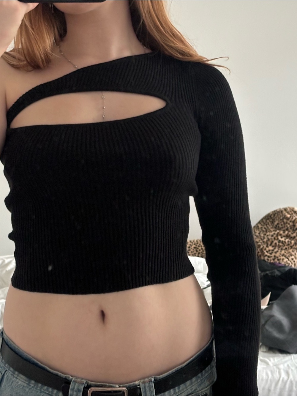 Cotton Candy Black One-Sleeve Asymmetrical Cutout Ribbed Crop Top
